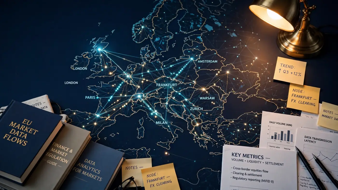 Visualización abstracta de flujos de datos del mercado europeo con líneas y nodos sobre fondo oscuro, junto a materiales educativos, libros y guías impresas iluminados con luz cálida