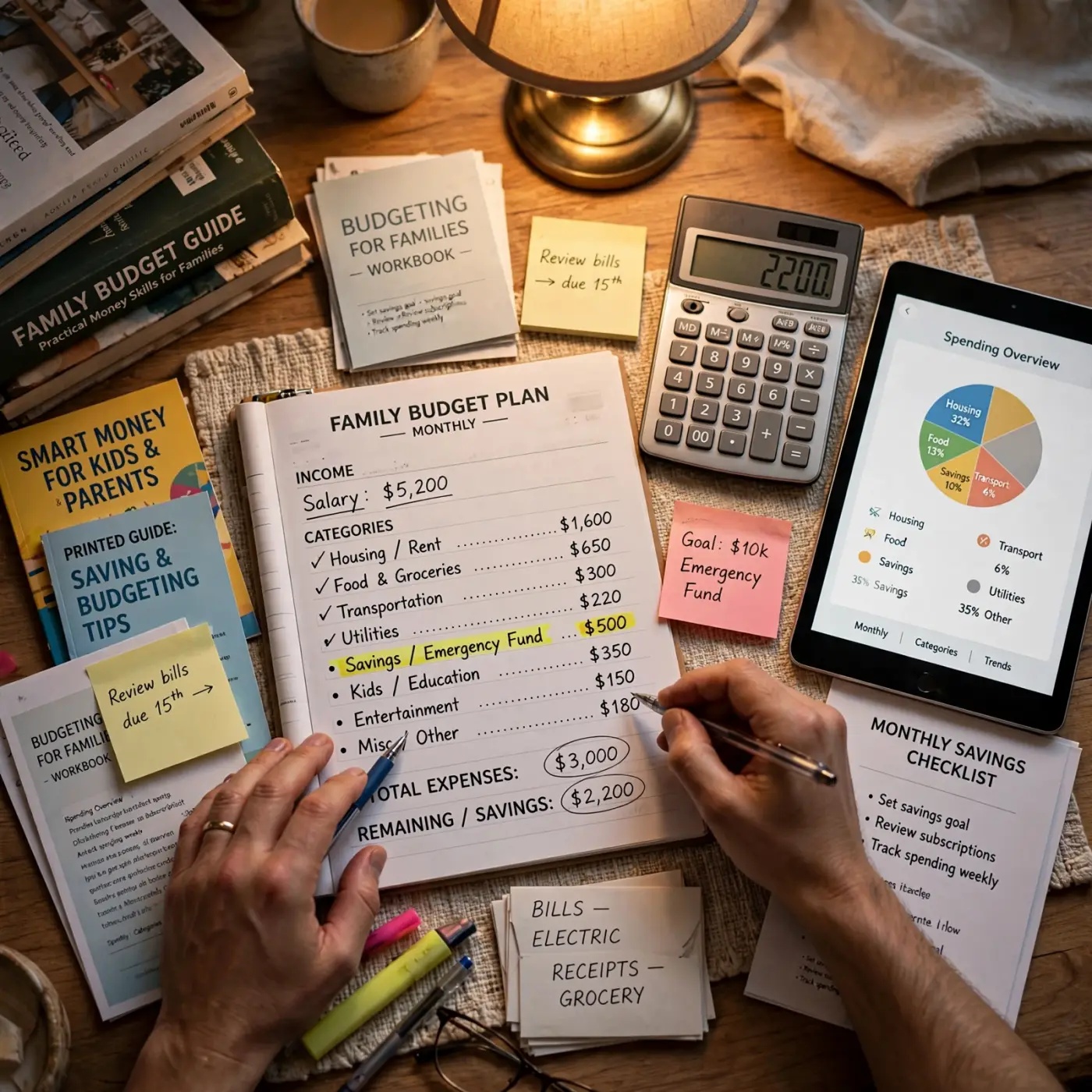 Planificación de presupuesto familiar en una mesa de cocina con agenda de categorías, calculadora, tableta y manos visibles, junto a materiales educativos y libros con luz cálida