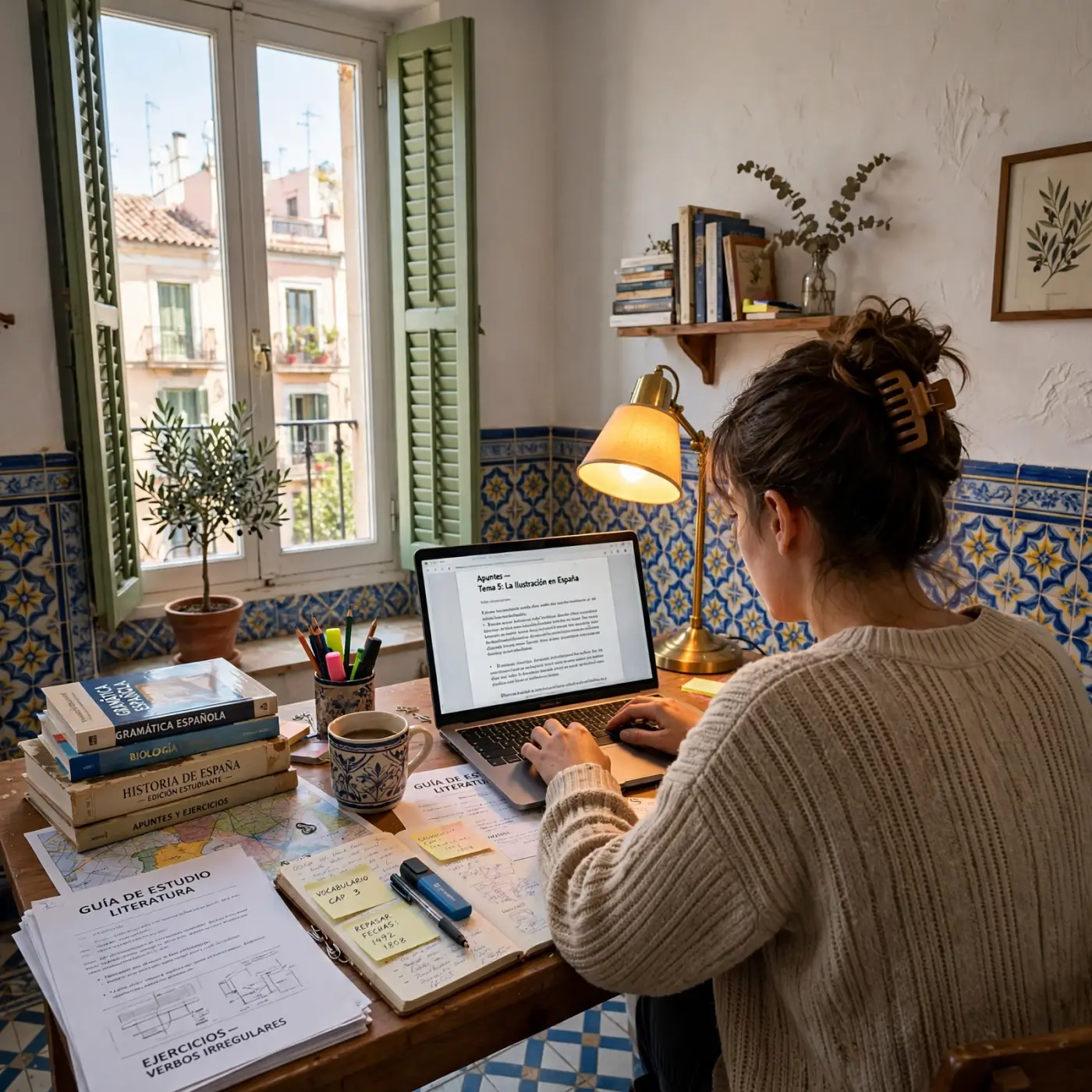 Persona trabajando en un portátil en un apartamento español luminoso, vista desde atrás, junto a materiales educativos, libros y guías impresas con luz cálida