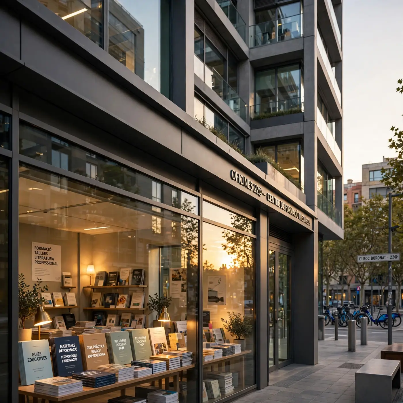Distrito empresarial moderno en Barcelona, fachada de edificio de oficinas contemporáneo a la hora dorada, junto a materiales educativos, libros y guías impresas con luz cálida